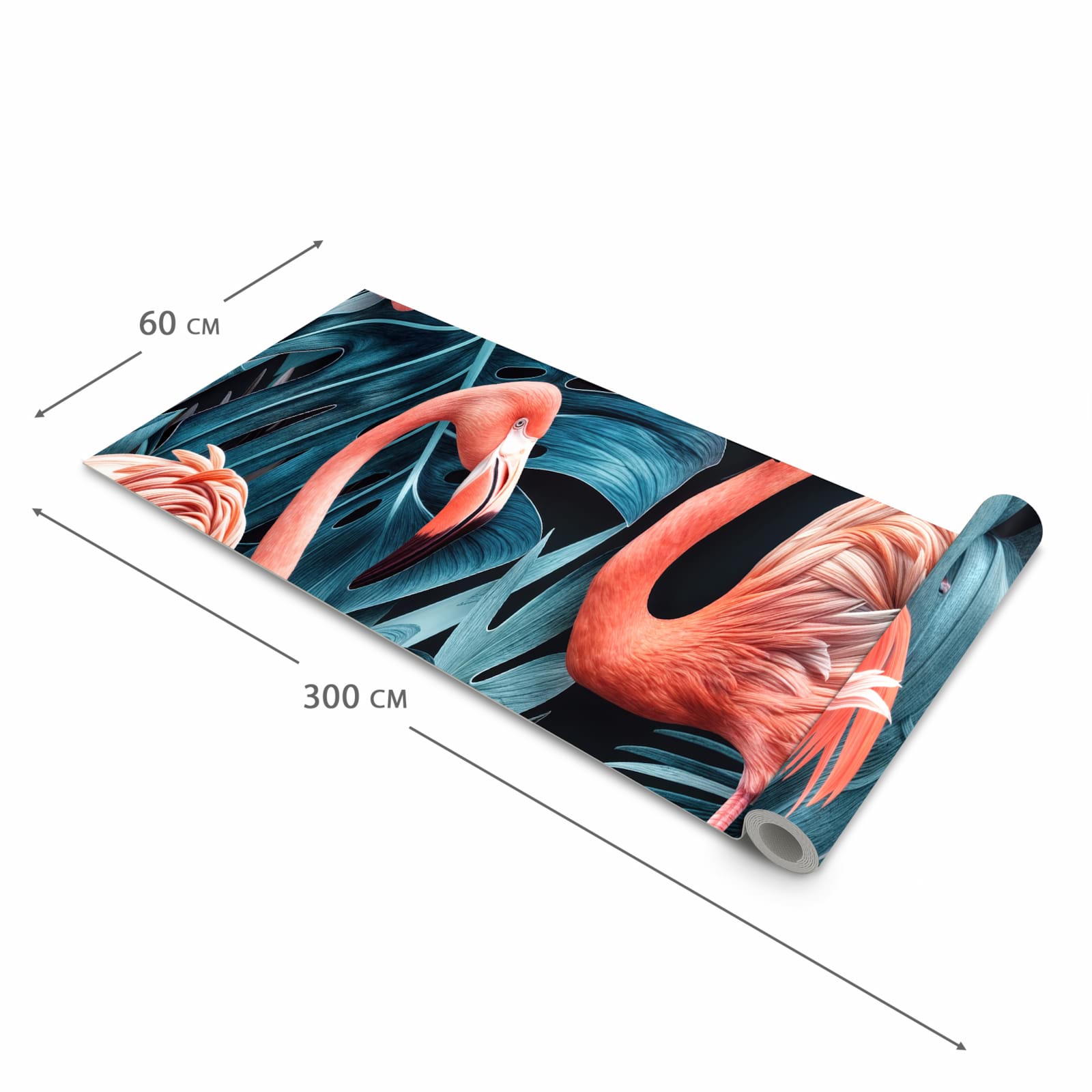 Langlebiger dünner Küchenteppich mit Motiv Flamingos und Blumen in der Grösse 60x240 cm