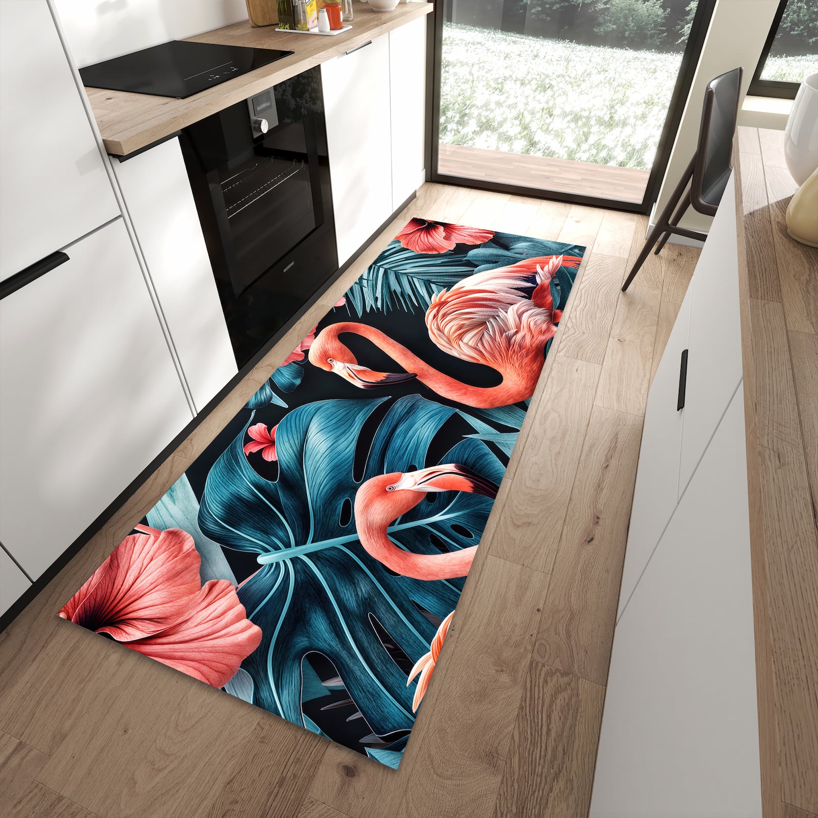 Farbbeständiger Küchenläufer mit Motiv Flamingos und Blumen in moderner Küche
