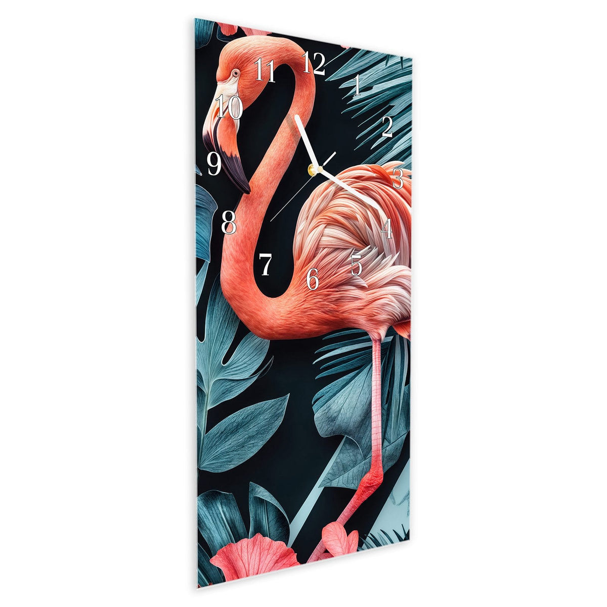 Vormontiert – mit Schwebeeffekt – Wanduhr Flamingos und Blumen aus Glas – Hochformat 30 × 60 cm