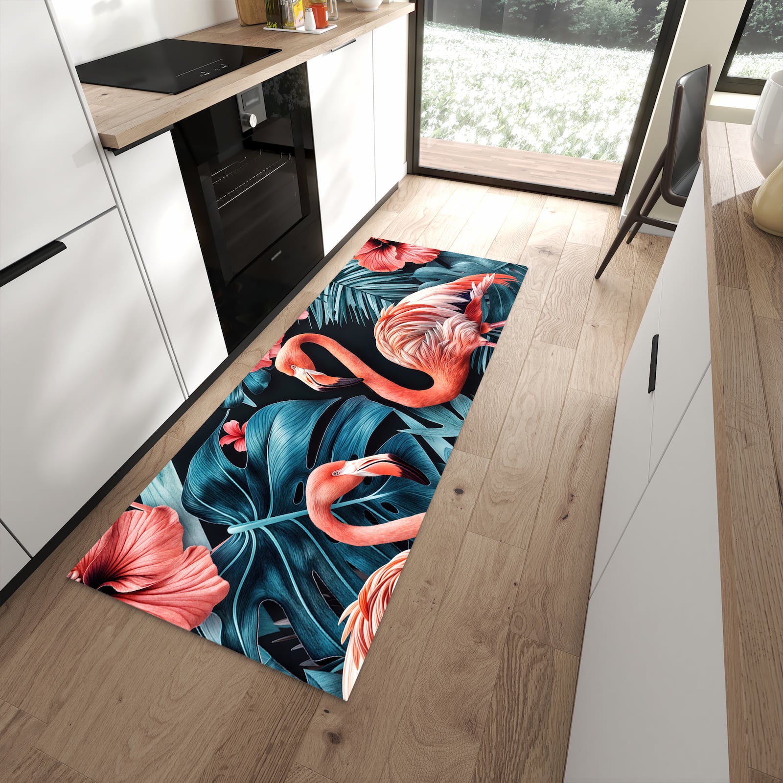 Rutschfester Küchenläufer mit Motiv Flamingos und Blumen in moderner Küche