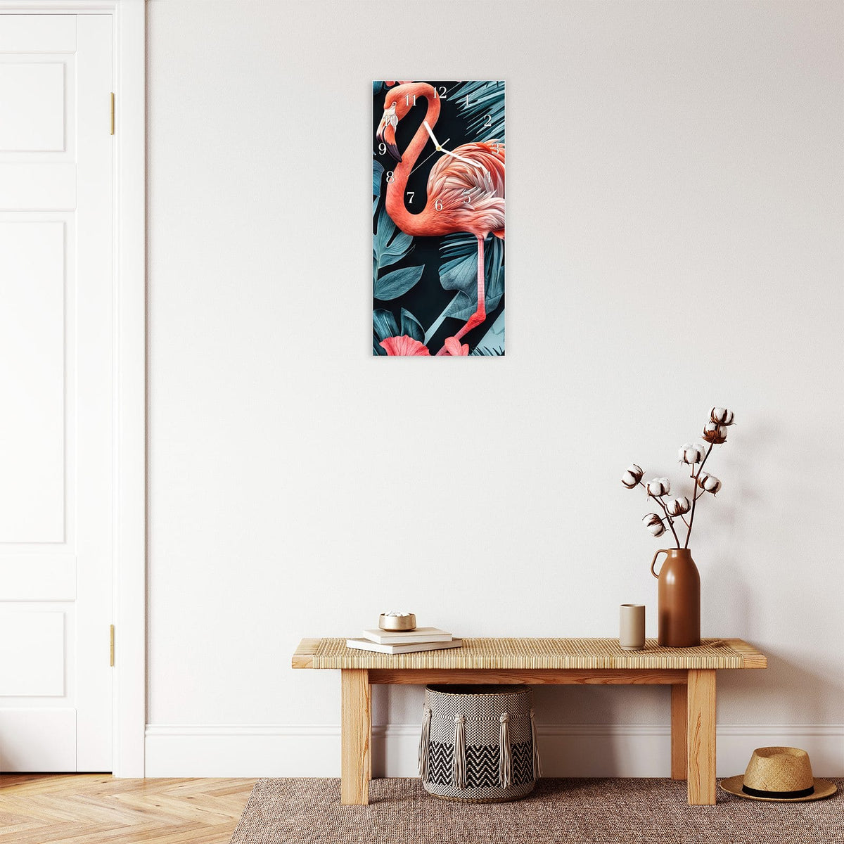 Moderne Wanduhr aus Glas mit Farbtiefe – Wanduhr Flamingos und Blumen aus Glas – Hochformat 30 × 60 cm