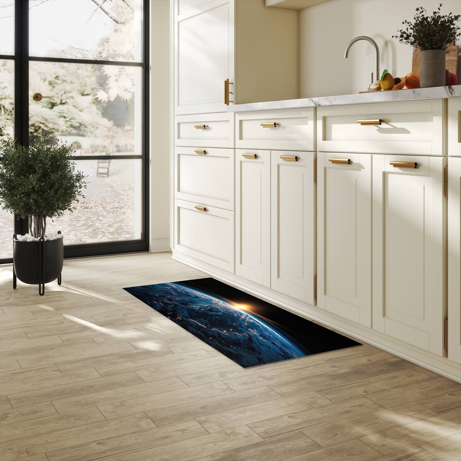 Farbbeständiger Küchenteppich mit Motiv Erde des Sonnenaufgang in heller Küche