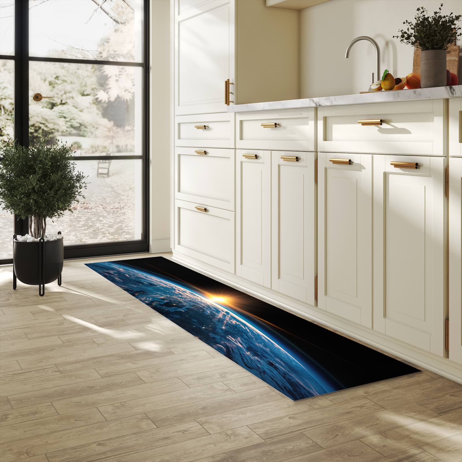 Zeitsparender Läufer Küche mit Motiv Erde des Sonnenaufgang in heller Küche