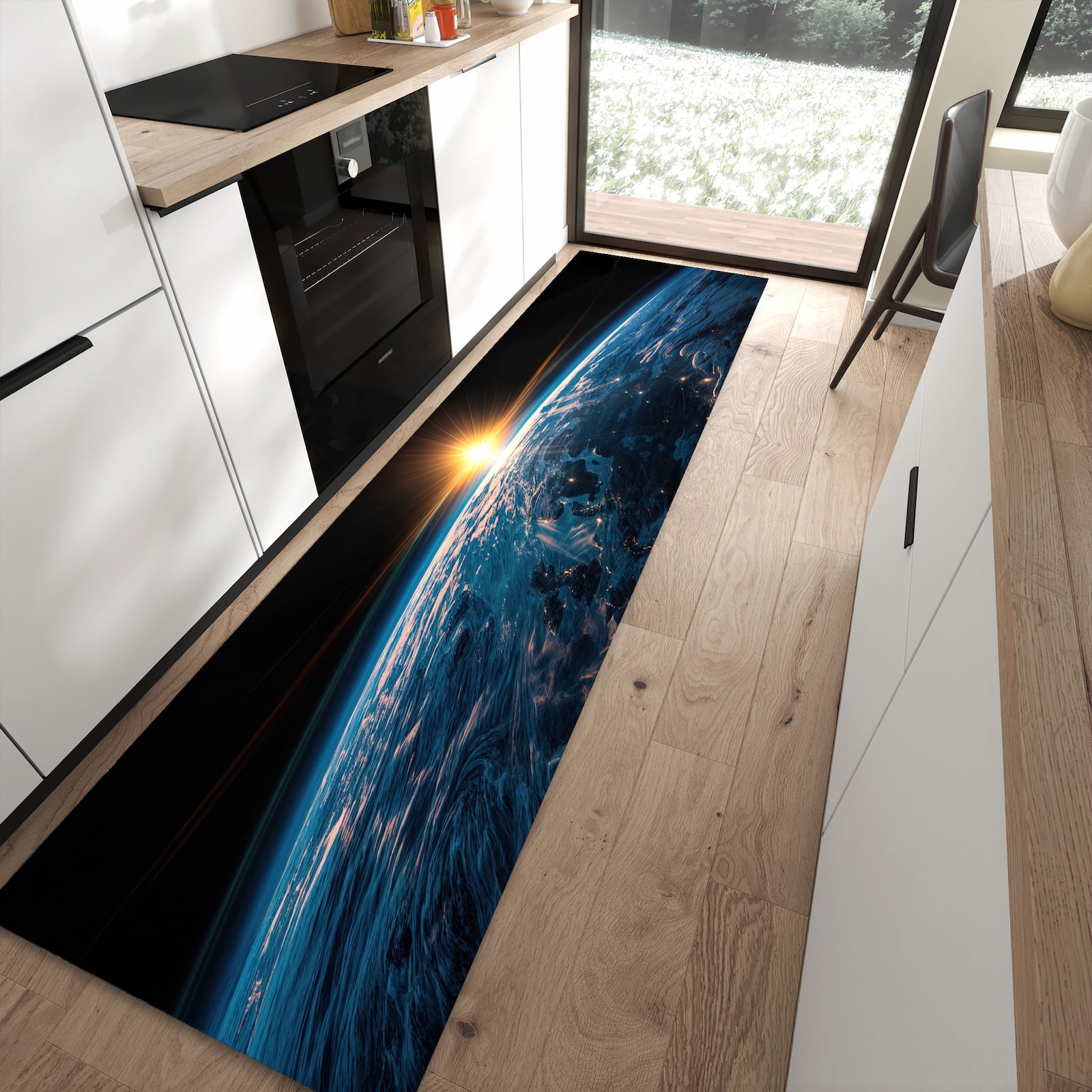 Flacher Küchenteppich mit Motiv Erde des Sonnenaufgang in moderner Küche für rutschfesten Stand