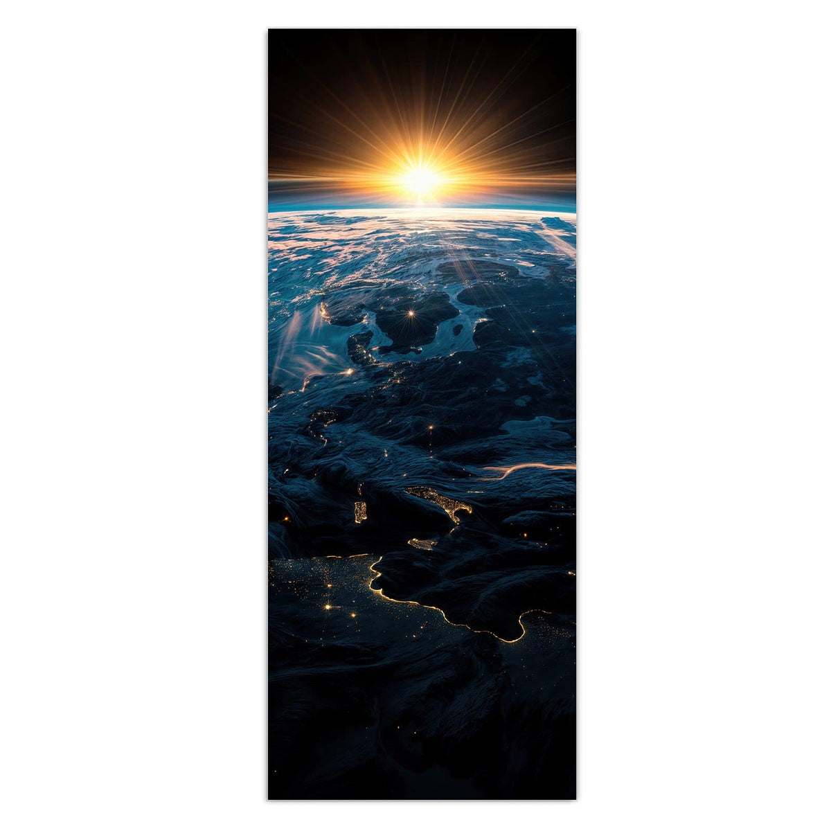 Erde von oben bei Sonnenaufgang, auf der Nachtseite leuchten Stadtlichter