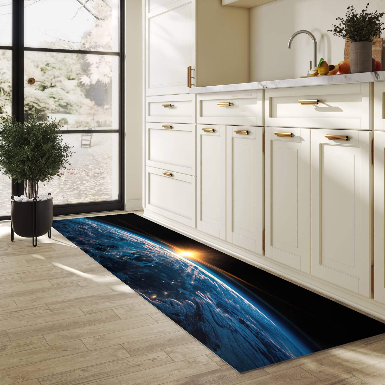 Fleckenresistenter Küchenläufer mit Motiv Erde des Sonnenaufgang in heller Küche