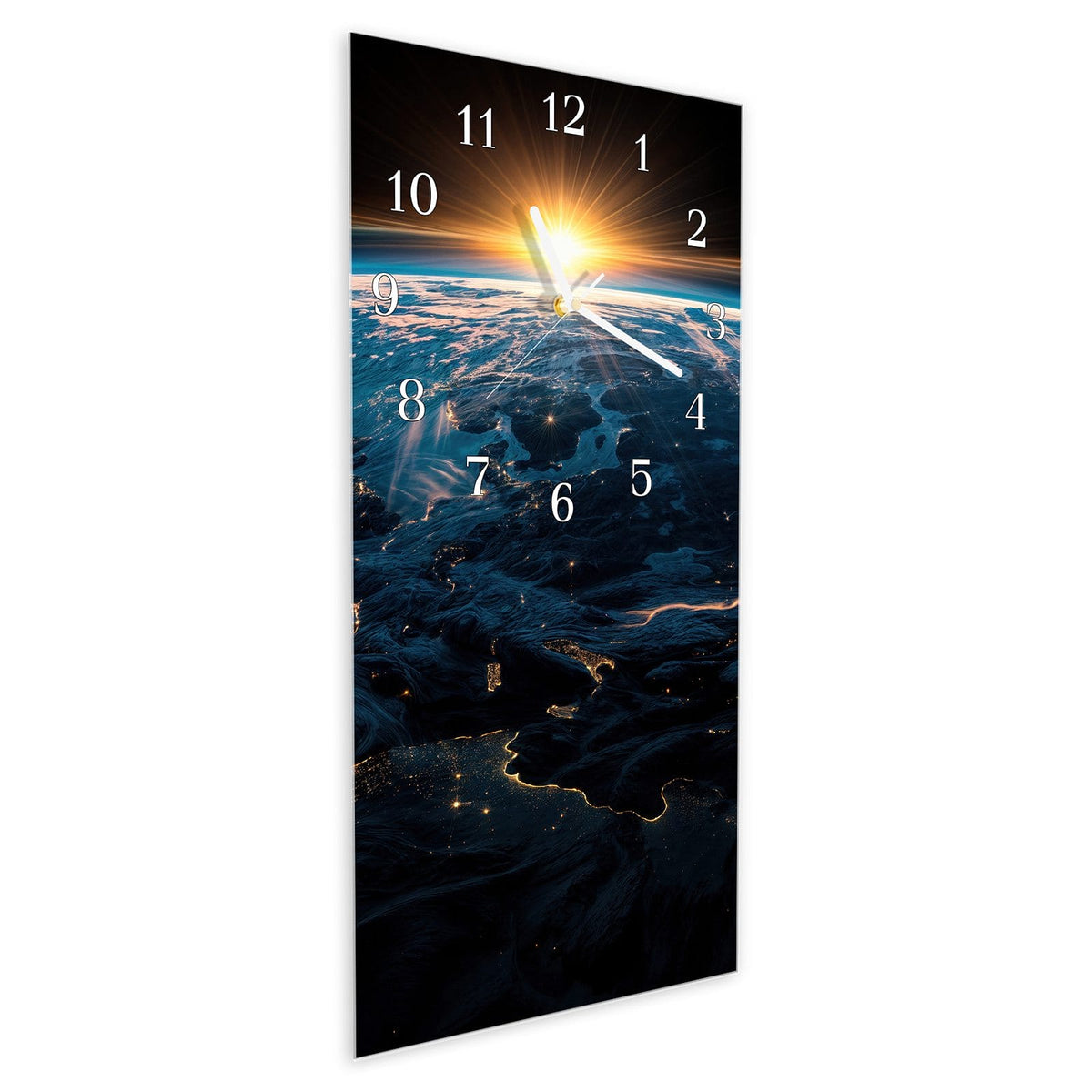 Vormontiert – mit Schwebeeffekt – Wanduhr Sonnenaufgang Erde Panorama aus Glas – Hochformat 30 × 60 cm