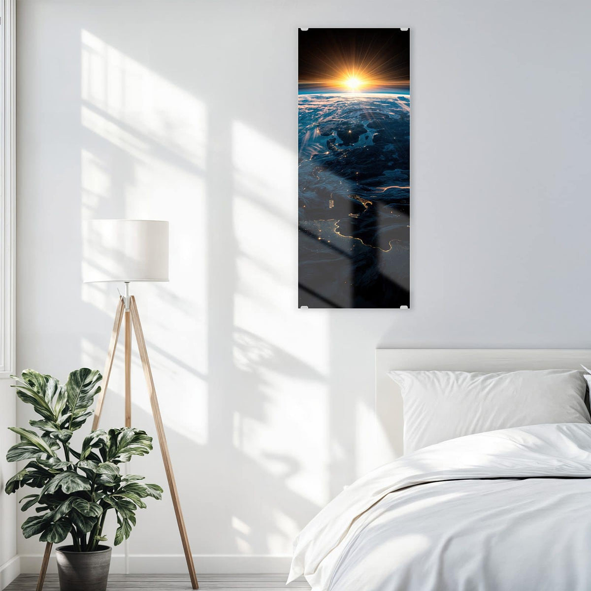 Glasbild Erde mit Stadtlichtern an der Wand – Erde von oben bei Sonnenaufgang, auf der Nachtseite leuchten Stadtlichter