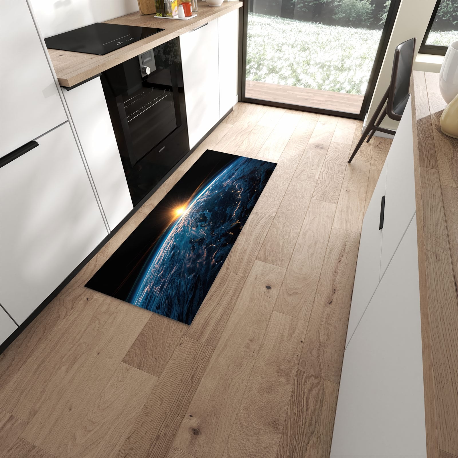 Geräuschdämpfender dünner Küchenteppich mit Motiv Erde des Sonnenaufgang in moderner Küche #grösse_60 x 150 cm
