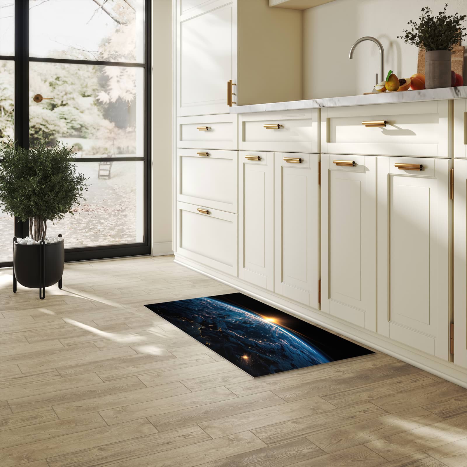 Bodenschonender Küchenteppich mit Motiv Erde des Sonnenaufgang in heller Küche