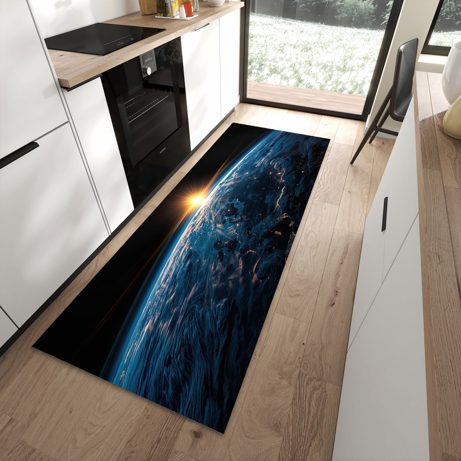 Komfortabler waschbarer Küchenteppich mit Motiv Erde des Sonnenaufgang in moderner Küche
