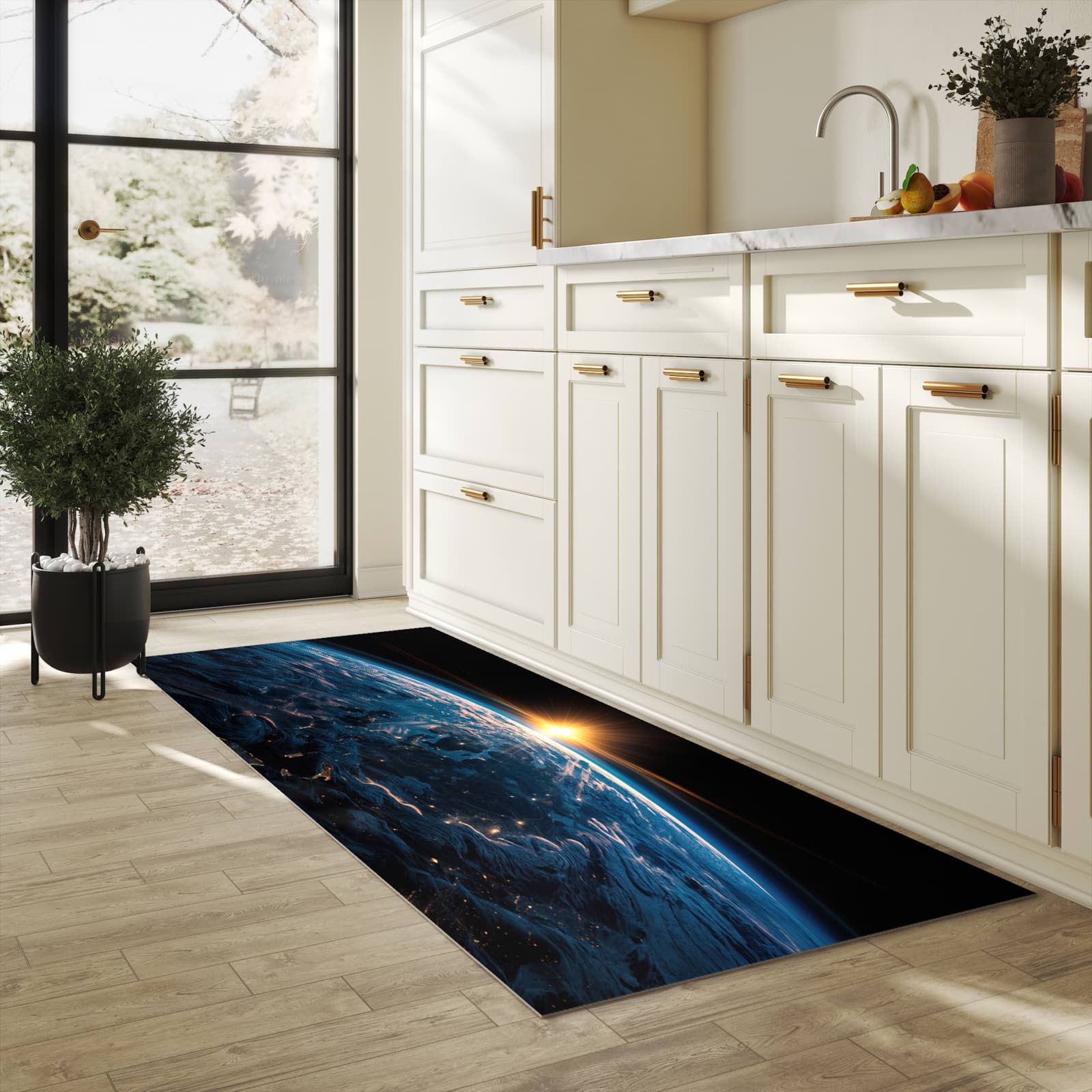 Geruchsneutraler waschbarer Läufer für die Küche mit Motiv Erde des Sonnenaufgang in heller Küche