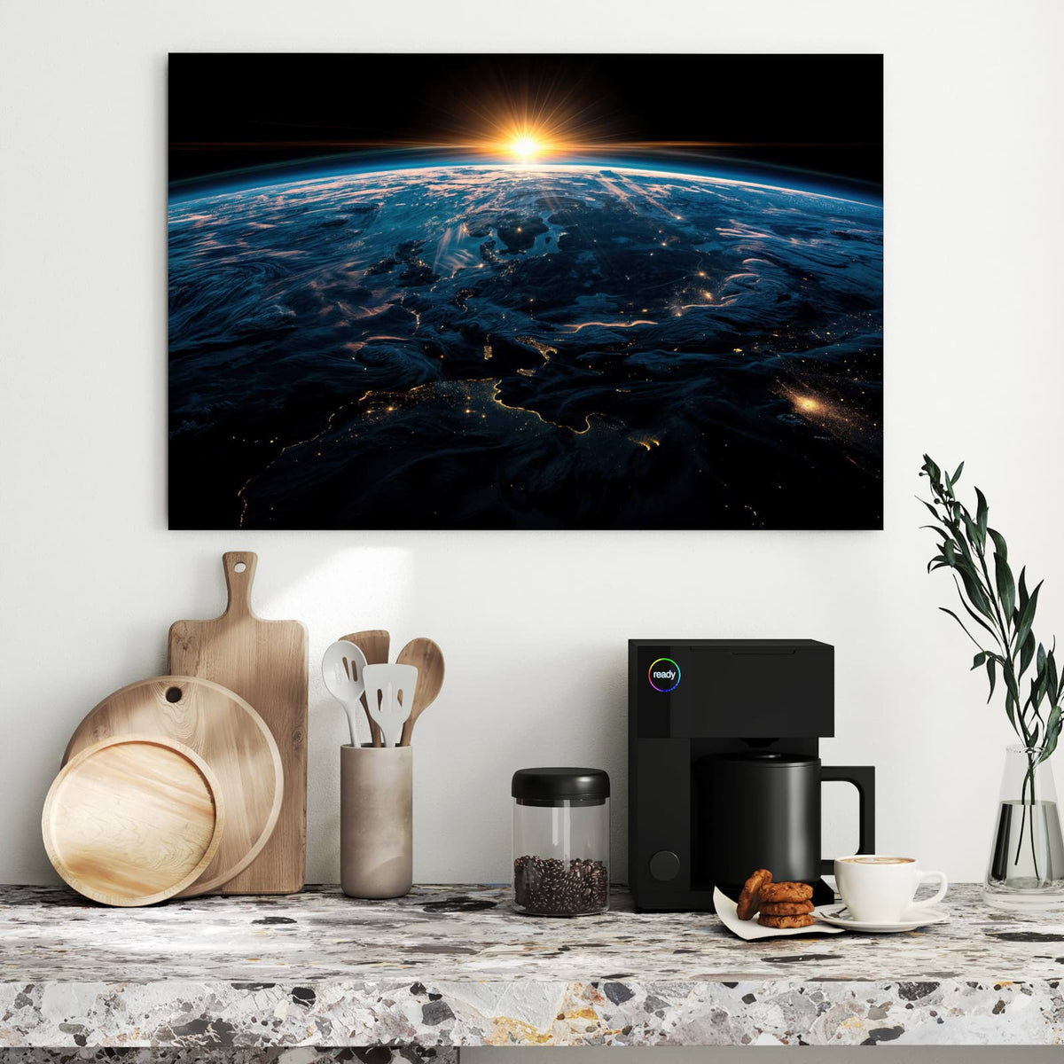 Metall Magnettafel - Erde mit Stadtlichtern – Sonnenaufgang über leuchtenden Städten
