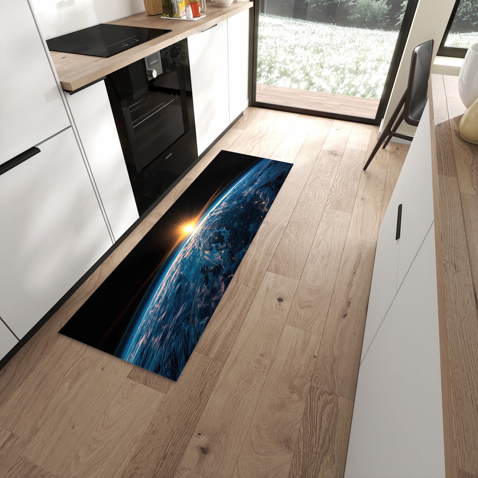 Abriebfester waschbarer Teppich fürs Esszimmer mit Motiv Erde des Sonnenaufgang in moderner Küche