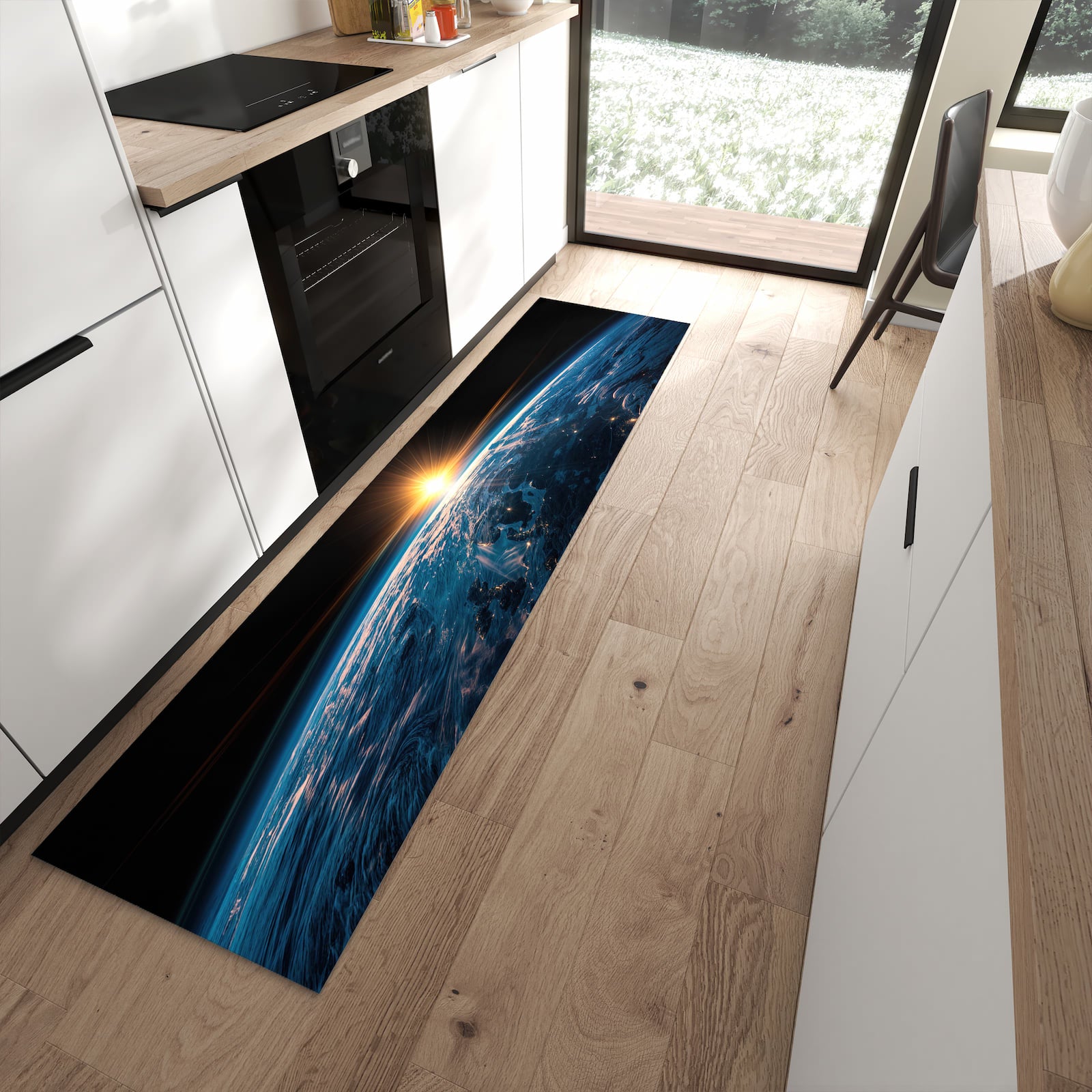 UV-beständiger waschbarer Teppich für Esstisch mit Motiv Erde des Sonnenaufgang in moderner Küche