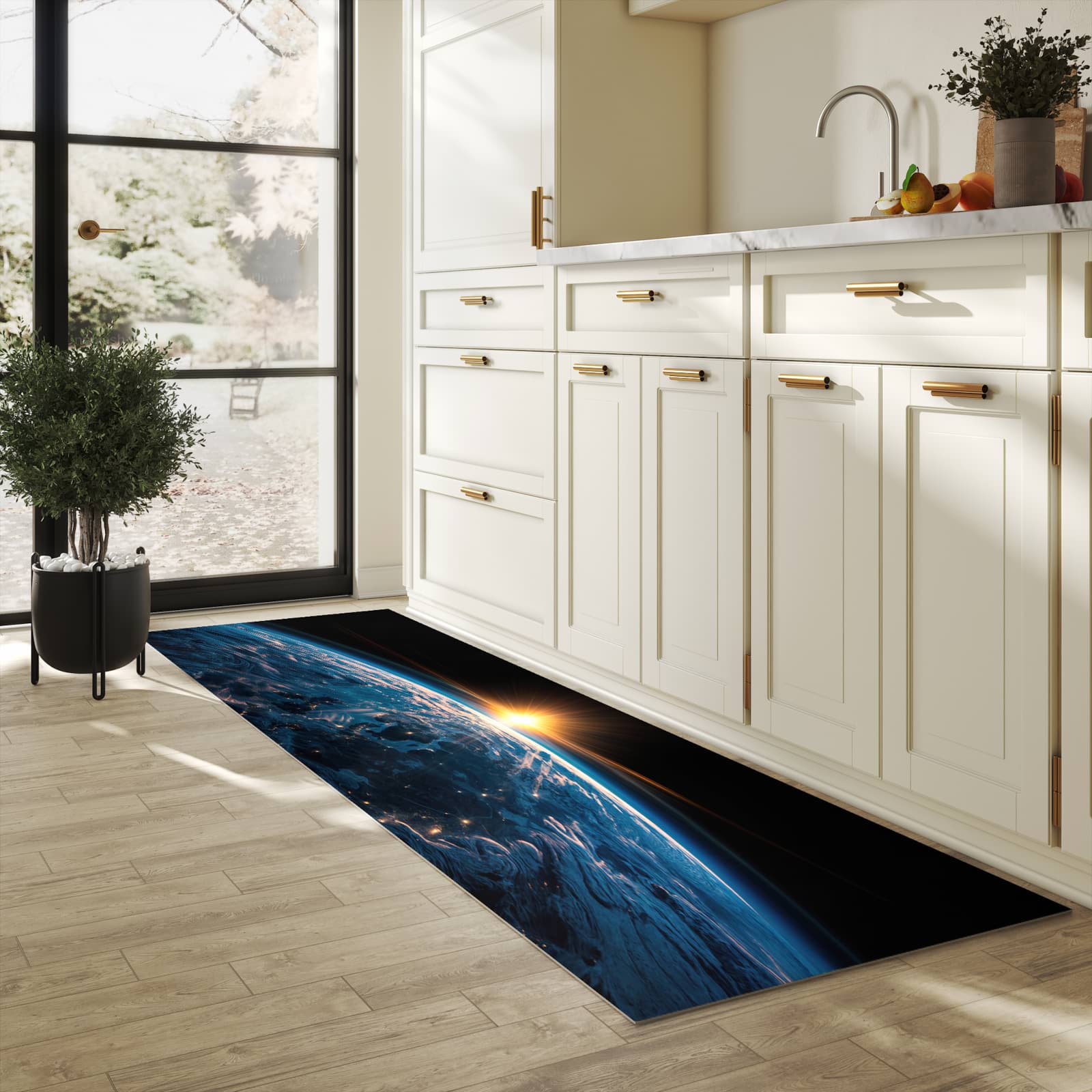 Wasserabweisender Küchenläufer mit Motiv Erde des Sonnenaufgang in heller Küche