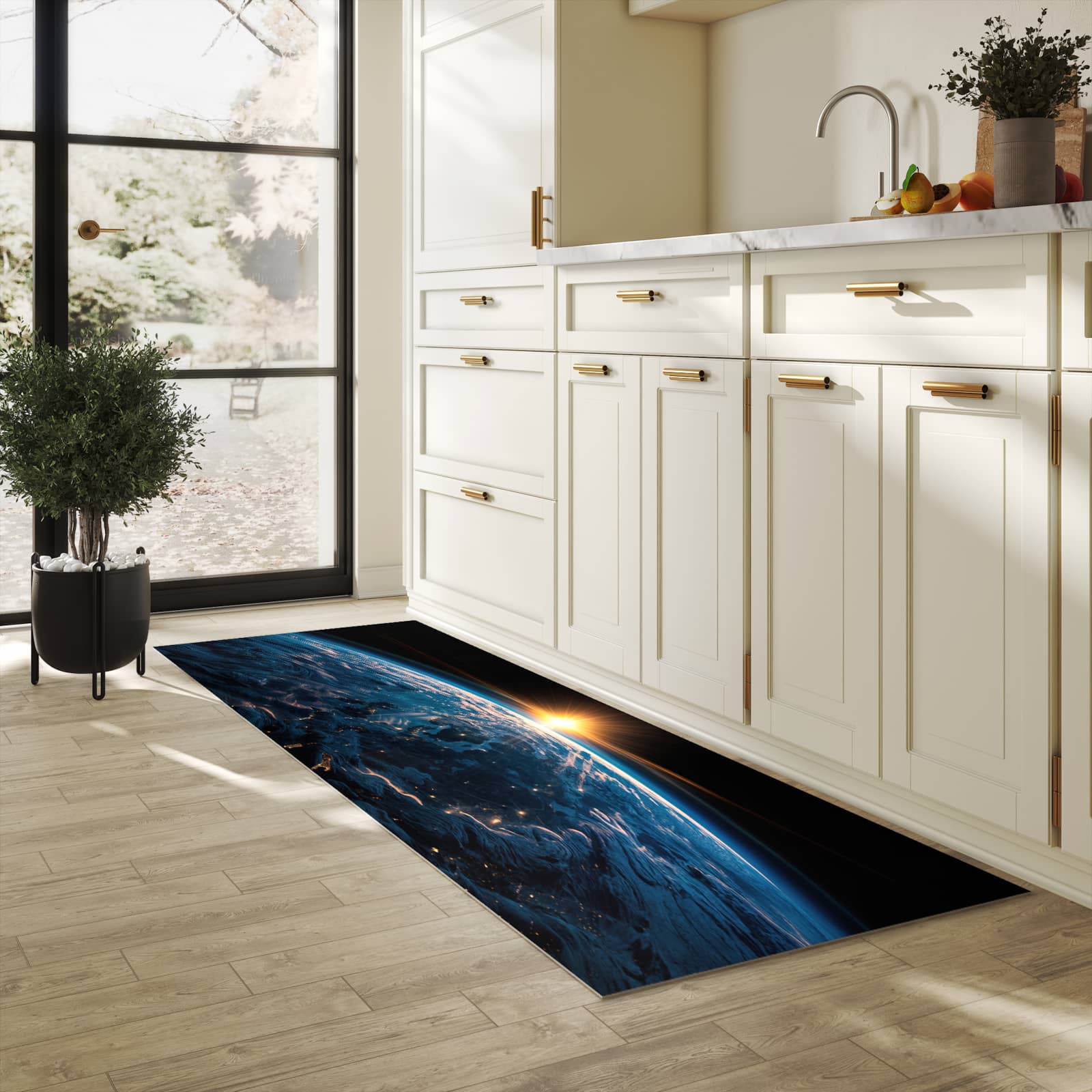 Waschbarer Küchenteppich mit Motiv Erde des Sonnenaufgang für Trittkomfort in heller Küche