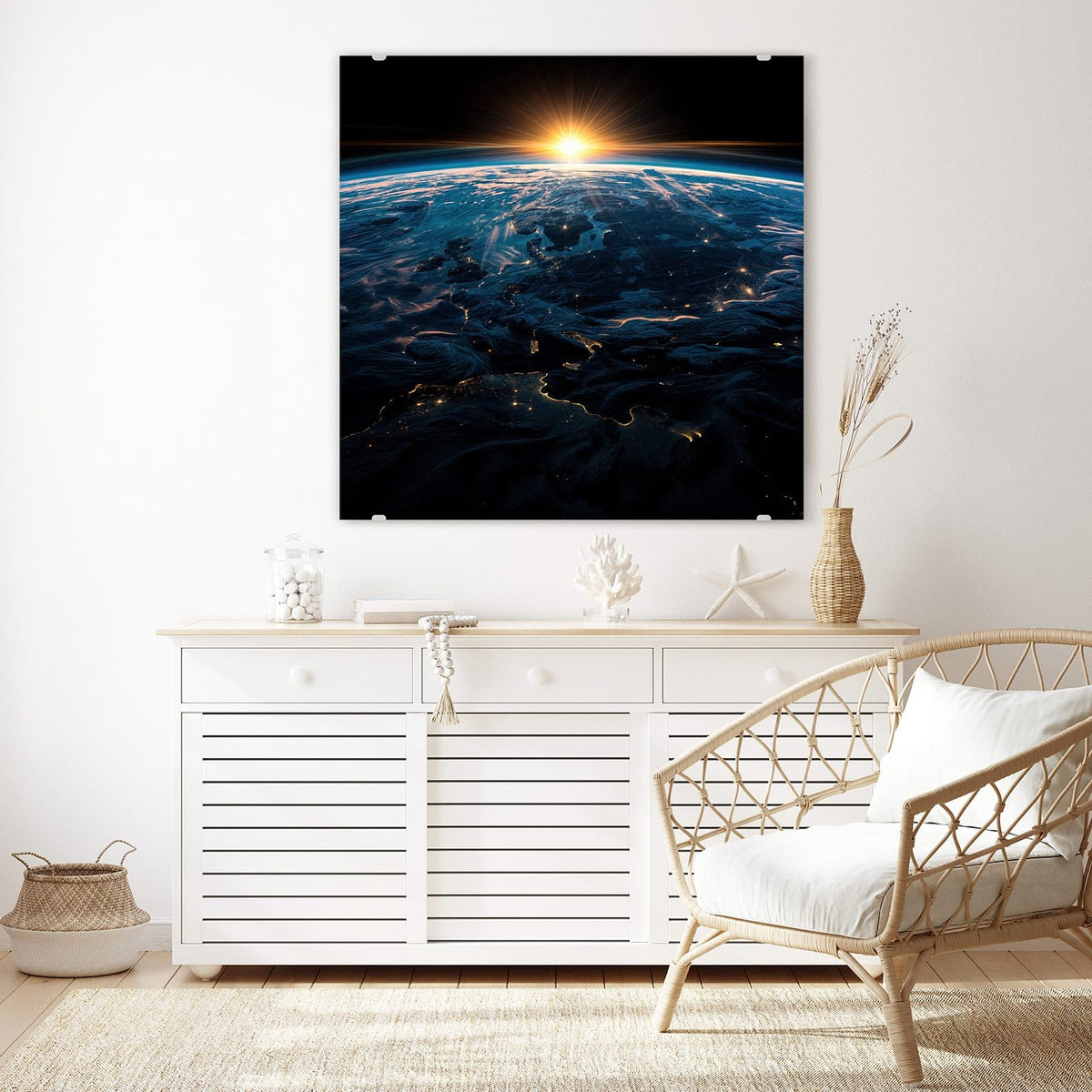 Echtglas, 4 mm – kein Acryl, keine Folie – Wandbild - Erde mit Stadtlichtern - Quadratisch