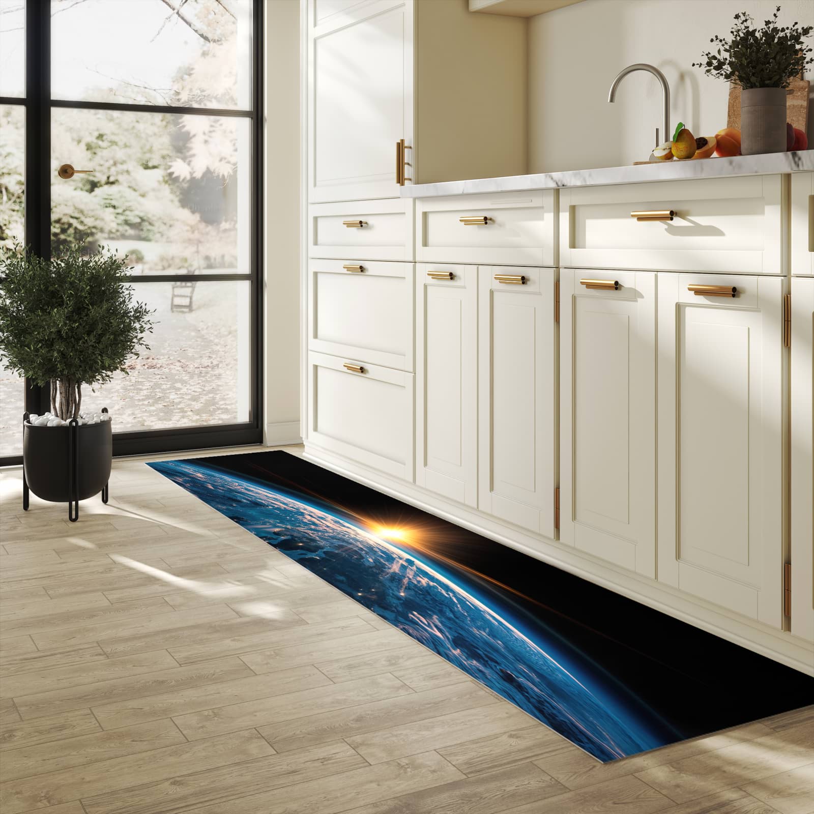 Geräuschdämpfender Küchenläufer mit Motiv Erde des Sonnenaufgang in heller Küche