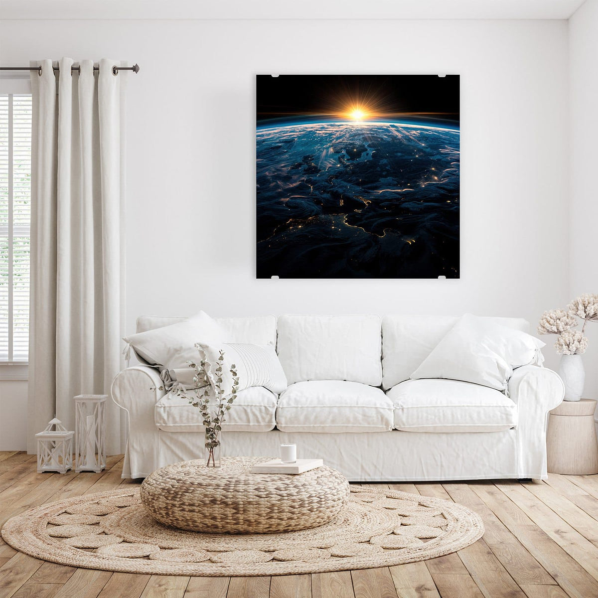 Glasbild Erde mit Stadtlichtern an der Wand – Erde von oben bei Sonnenaufgang, auf der Nachtseite leuchten Stadtlichter
