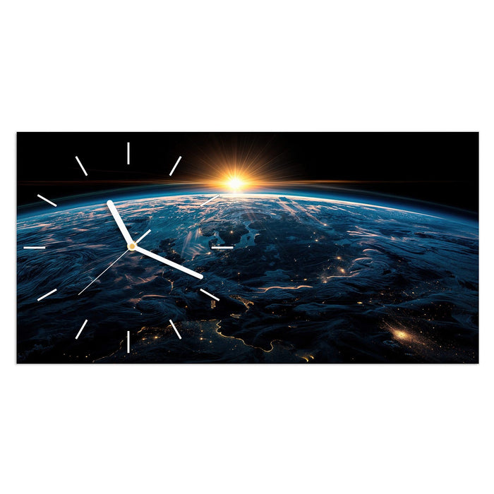 Wanduhr Sonnenaufgang Erde Panorama aus Glas – Querformat 60 × 30 cm mit Ziffernblatt Linie