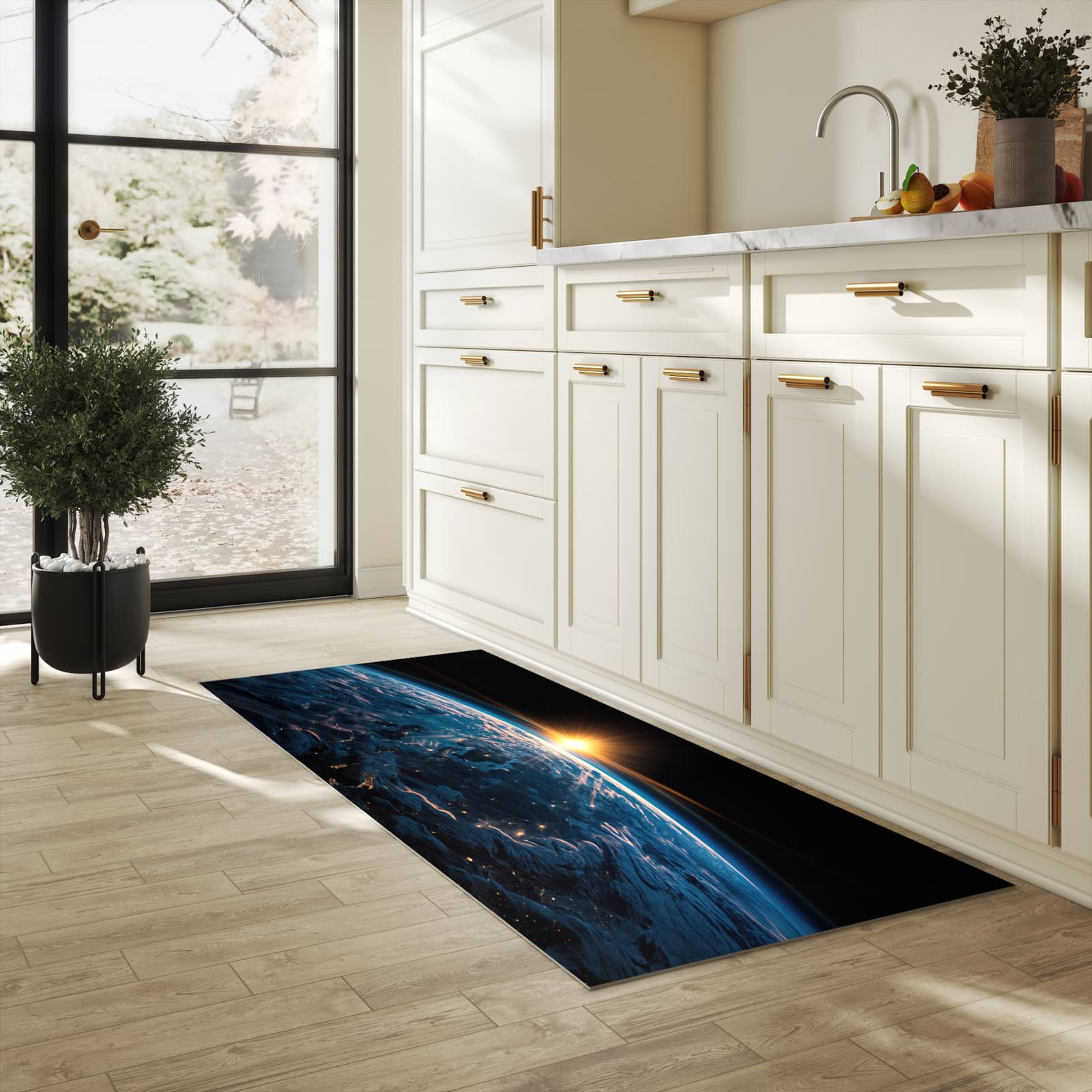 UV-beständiger Küchenvorleger mit Motiv Erde des Sonnenaufgang in heller Küche