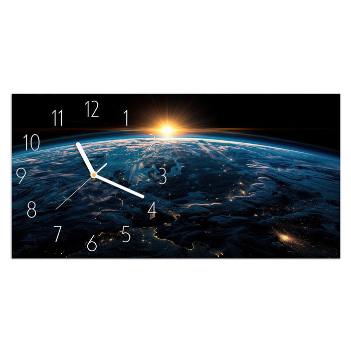 Wanduhr Sonnenaufgang Erde Panorama aus Glas – Querformat 60 × 30 cm mit Ziffernblatt Elegant