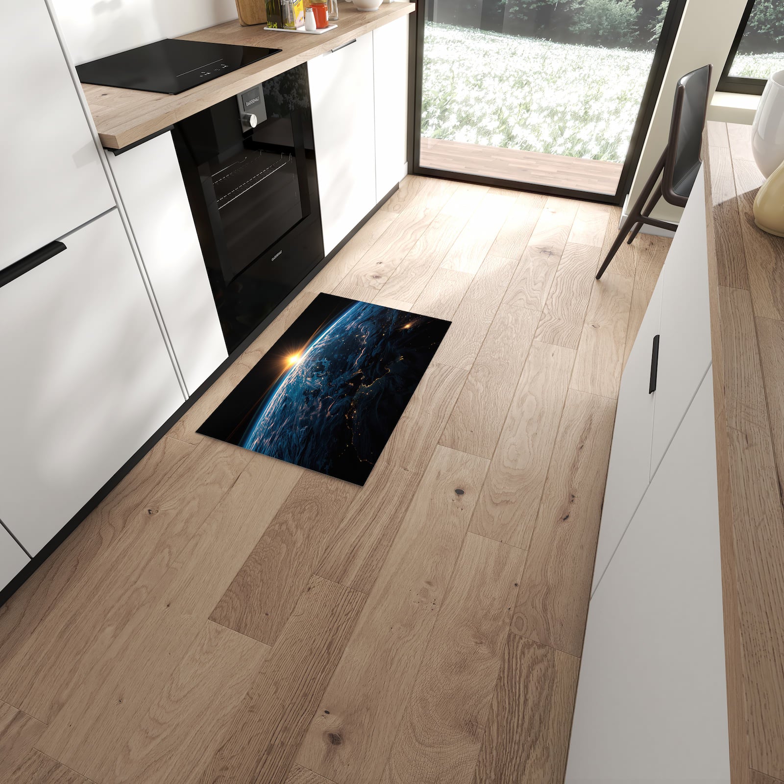 Fleckenresistenter Bodenläufer mit Motiv Erde des Sonnenaufgang in moderner Küche