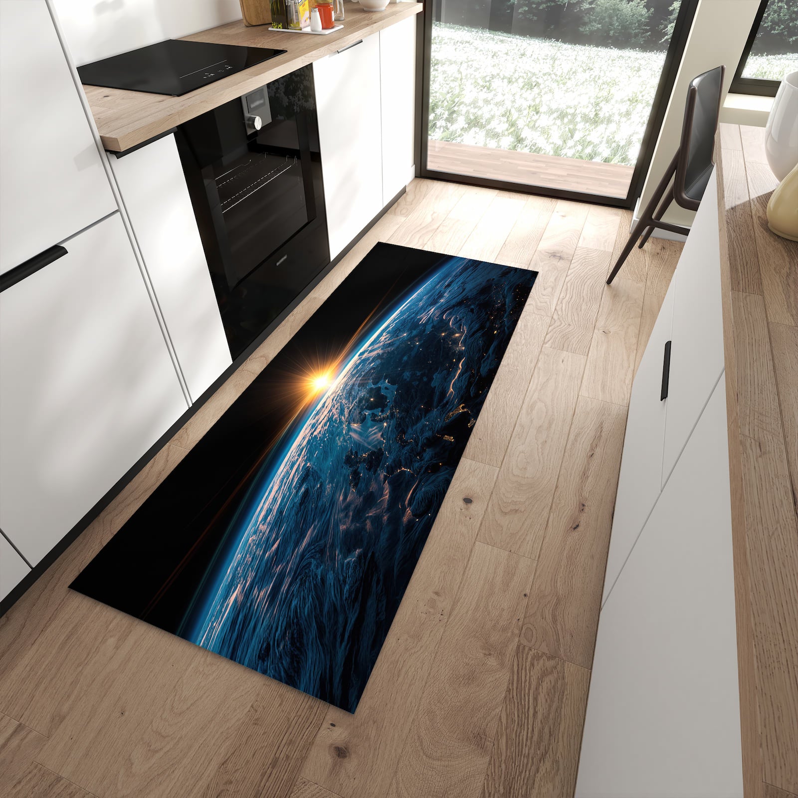 Schmutzabweisender Küchenteppich mit Motiv Erde des Sonnenaufgang in moderner Küche
