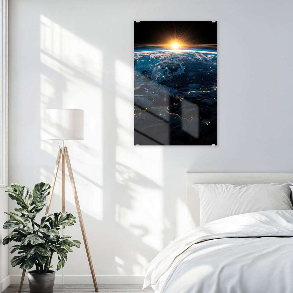 Glasbild Erde mit Stadtlichtern an der Wand – Erde von oben bei Sonnenaufgang, auf der Nachtseite leuchten Stadtlichter
