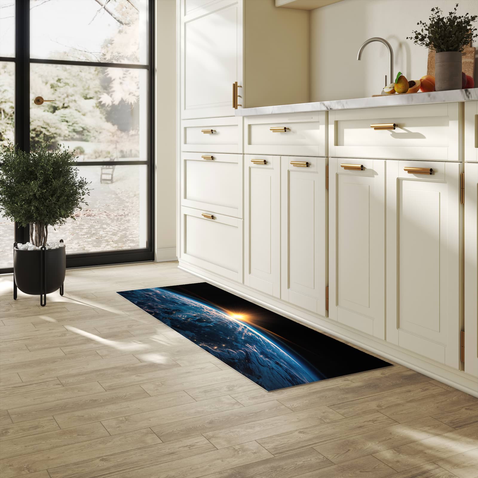 Formstabiler Küchenteppich mit Motiv Erde des Sonnenaufgang in heller Küche