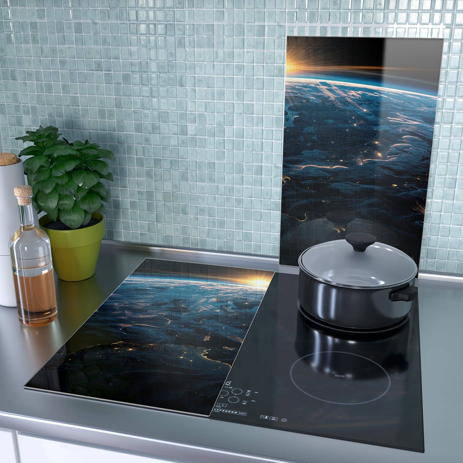 2-teilige Ceranfeld Abdeckplatten mit Sonnenaufgang Erde Panorama-Motiv als Spritzschutz hinter dem Kochfeld