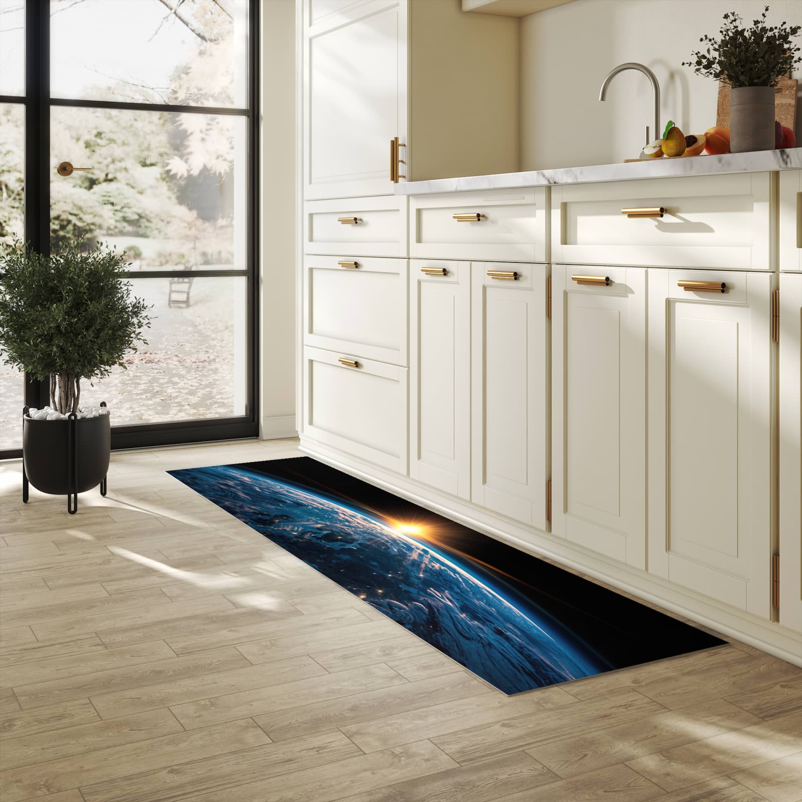 Küchenläufer mit Motiv Erde des Sonnenaufgang in heller Küche für sichere Aufbewahrung