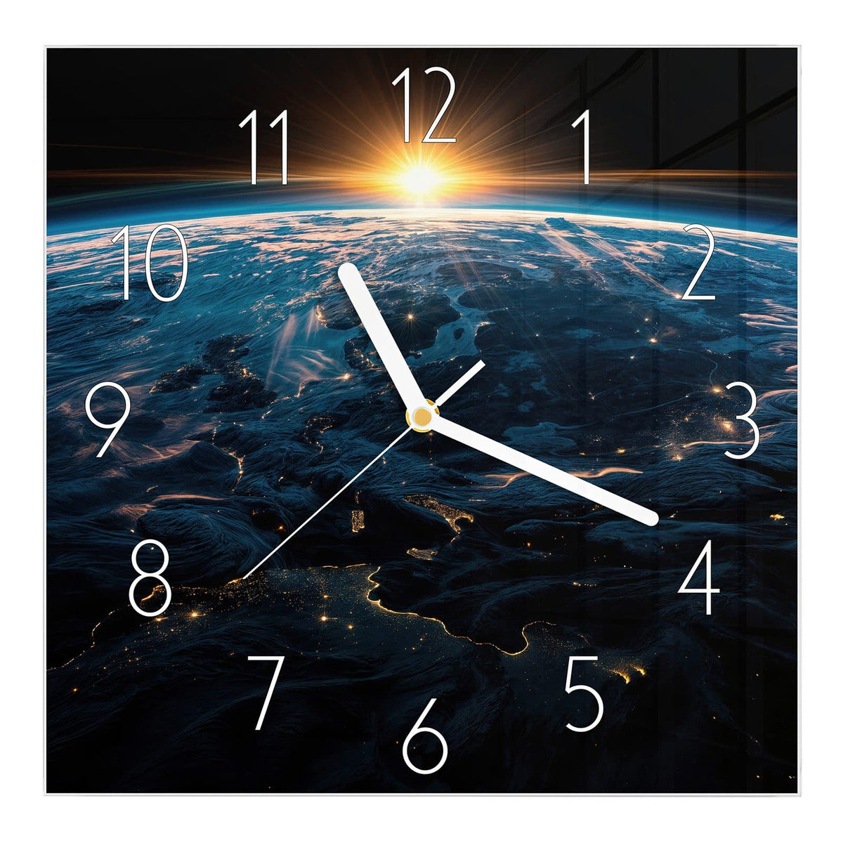 Wanduhr aus Glas, Ziffernblatt Elegant: Erde von oben bei Sonnenaufgang, auf der Nachtseite leuchten Stadtlichter #ziffernblatt_Elegant