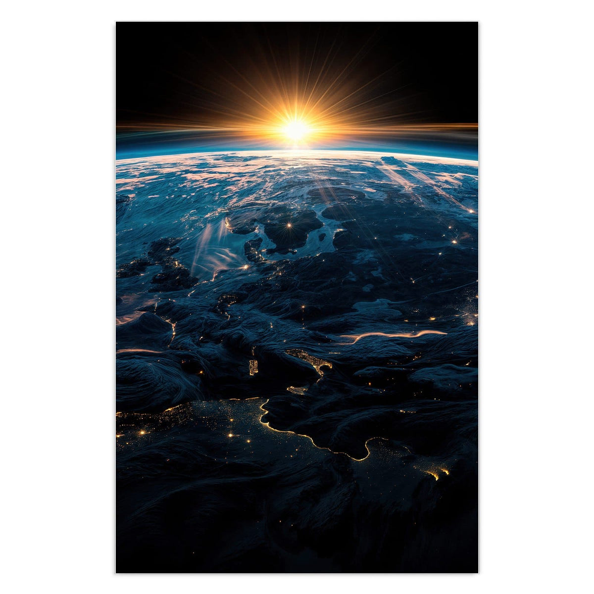 Erde von oben bei Sonnenaufgang, auf der Nachtseite leuchten Stadtlichter