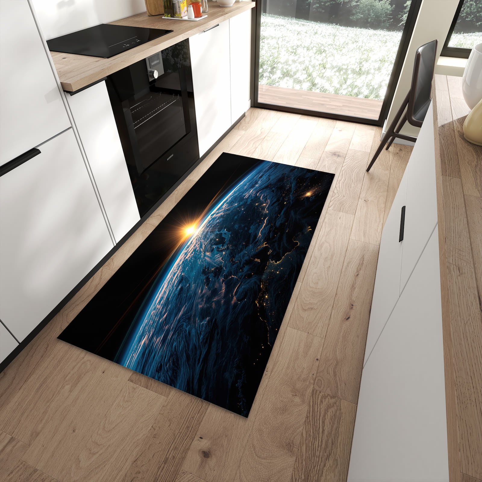 Pflegeleichter Küchenteppich mit Motiv Erde des Sonnenaufgang in moderner Küche