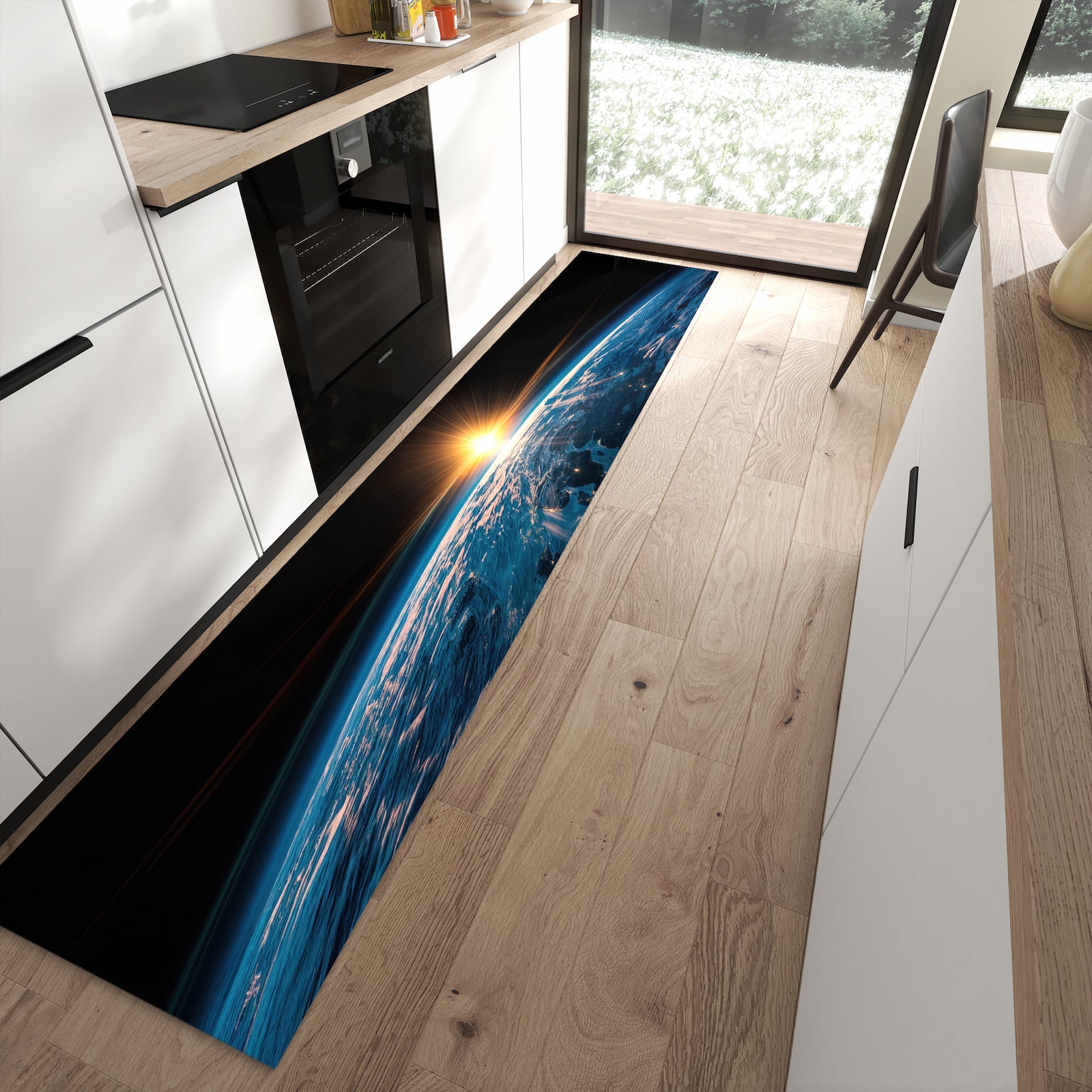 Wasserabweisender Bodenläufer mit Motiv Erde des Sonnenaufgang in moderner Küche