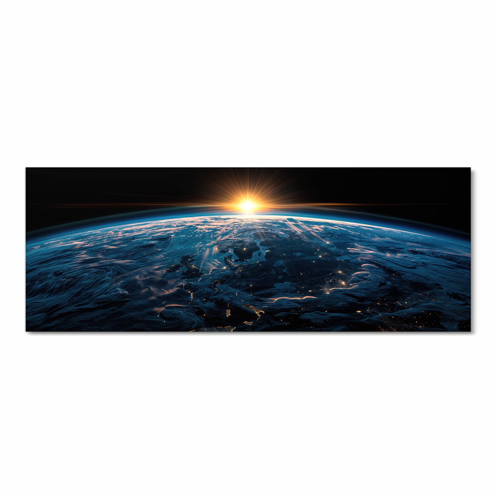 Langlebiger Küchenvorleger mit Motiv Erde des Sonnenaufgang in Frontansicht