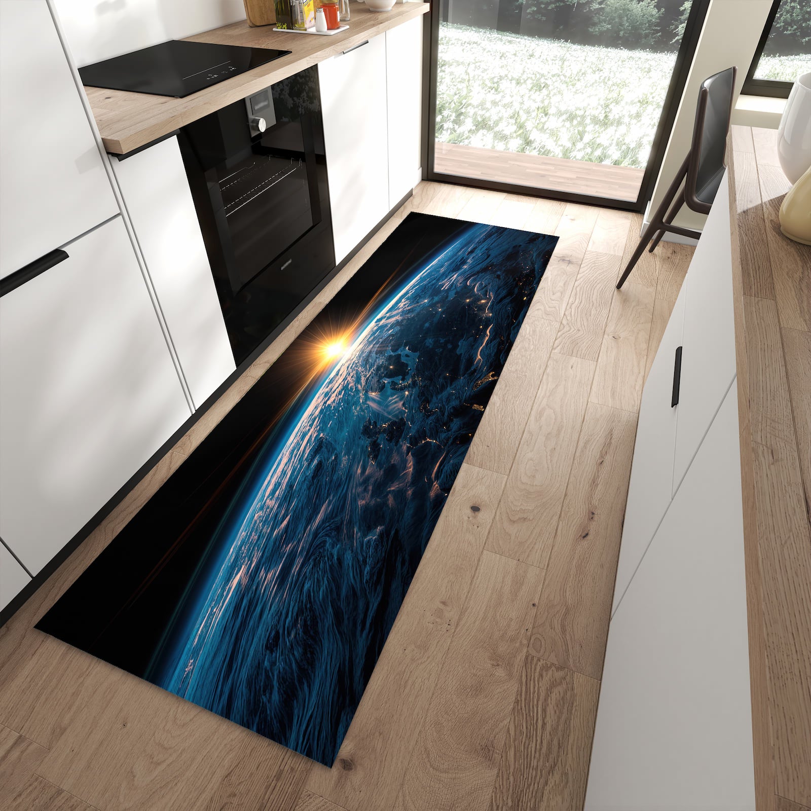 Geruchsneutraler waschbarer Küchenteppich mit Motiv Erde des Sonnenaufgang in moderner Küche