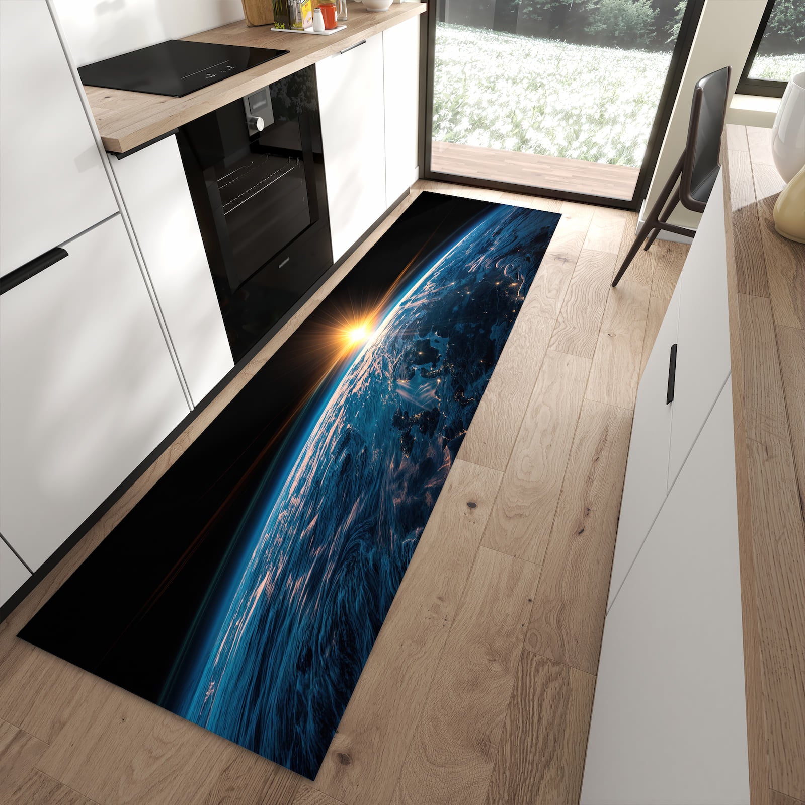 Langlebiger Küchenteppich mit Motiv Erde des Sonnenaufgang in moderner Küche