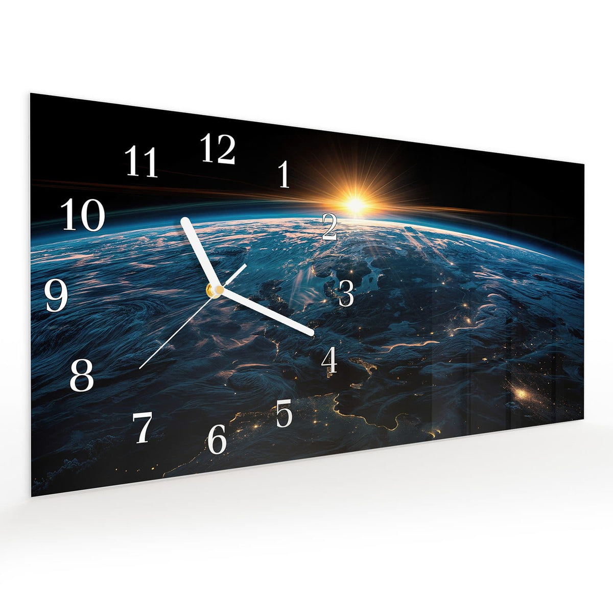 Vormontiert – mit Schwebeeffekt – Wanduhr Sonnenaufgang Erde Panorama aus Glas – Querformat 60 × 30 cm