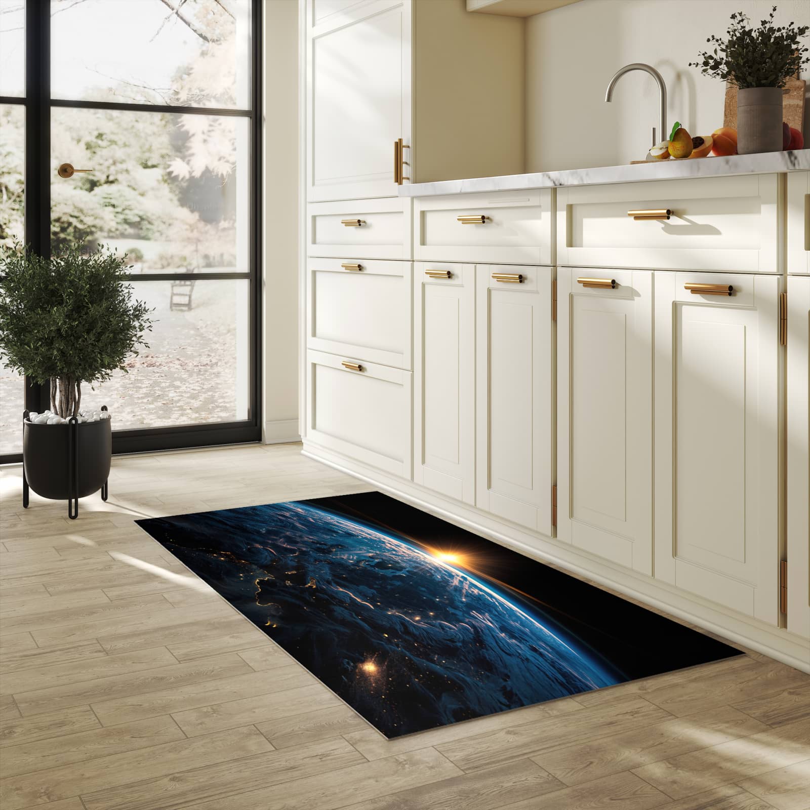 Schmutzabweisender Teppichläufer mit Motiv Erde des Sonnenaufgang in heller Küche