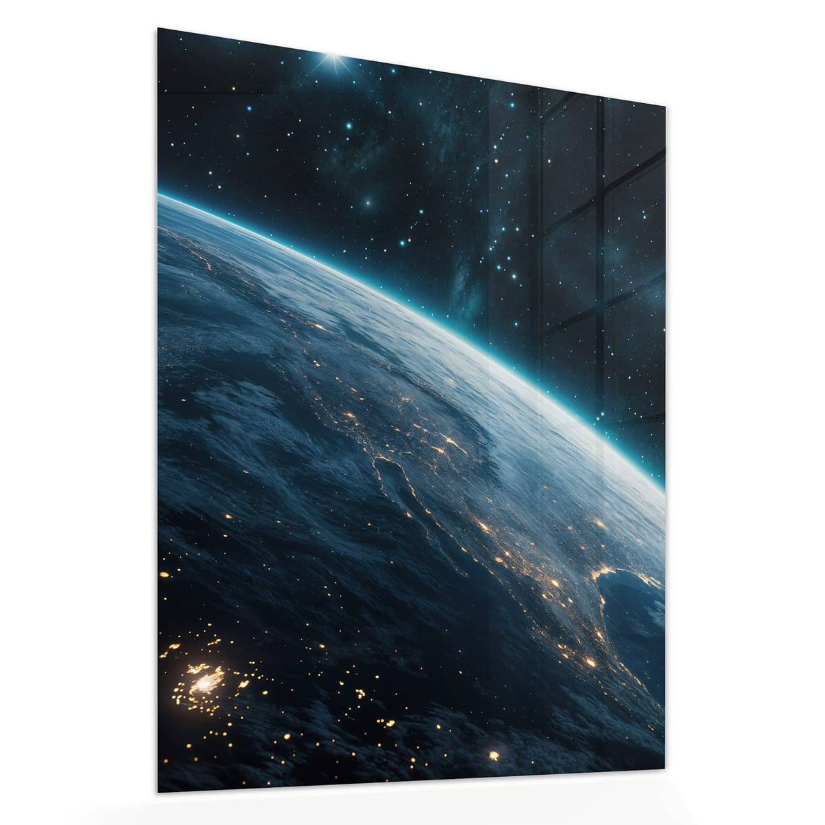 Echtglas, 4 mm – kein Acryl, keine Folie – Wandbild - Erdrand im Sternenlicht - Hochformat