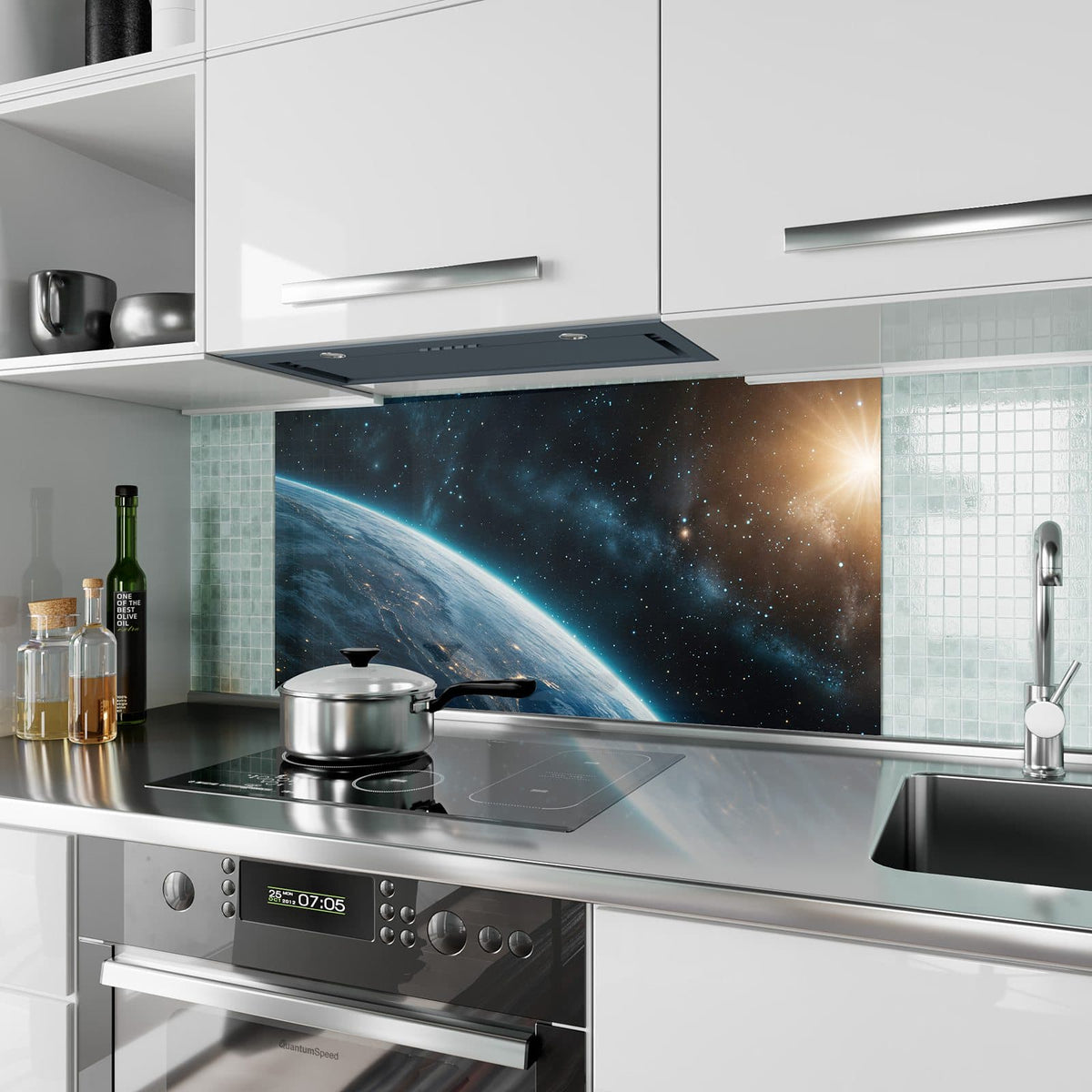 Küchenrückwand aus Glas Erdrand im Sternenlicht im Hochformat als Spritzschutz hinter dem Kochfeld, über dem Fliesenspiegel montiert