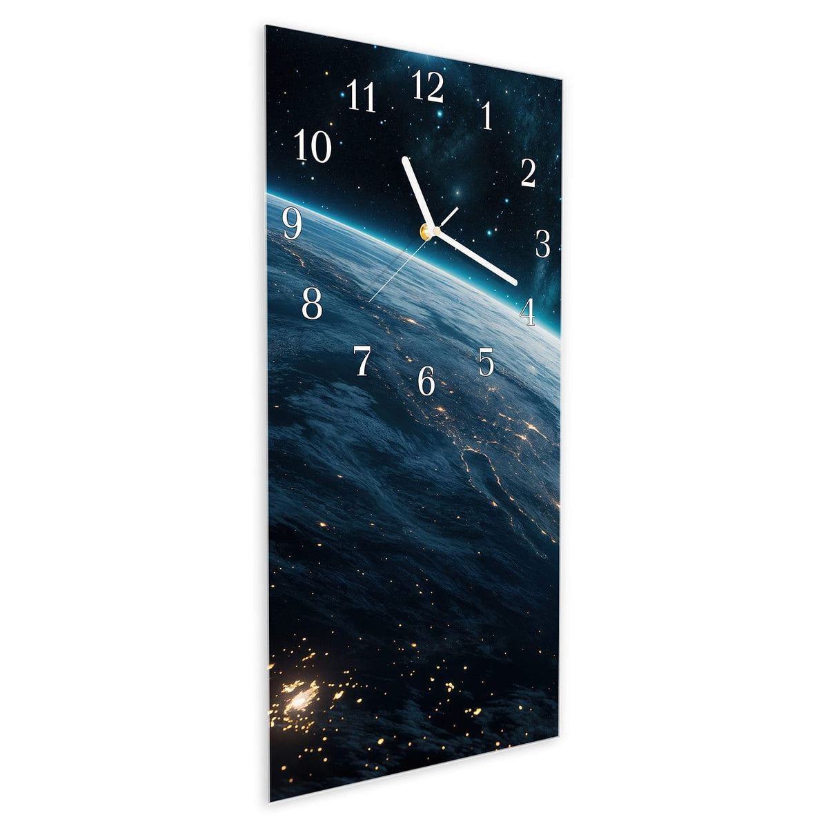Vormontiert – mit Schwebeeffekt – Wanduhr Planet im Universum aus Glas – Hochformat 30 × 60 cm