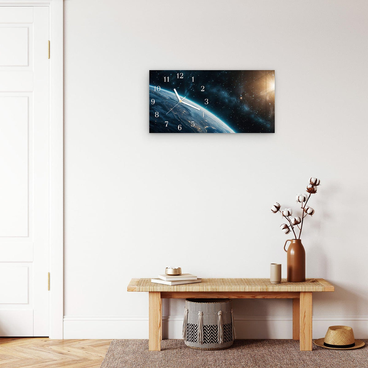 Moderne Wanduhr aus Glas mit Farbtiefe – Wanduhr Planet im Universum aus Glas – Querformat 60 × 30 cm