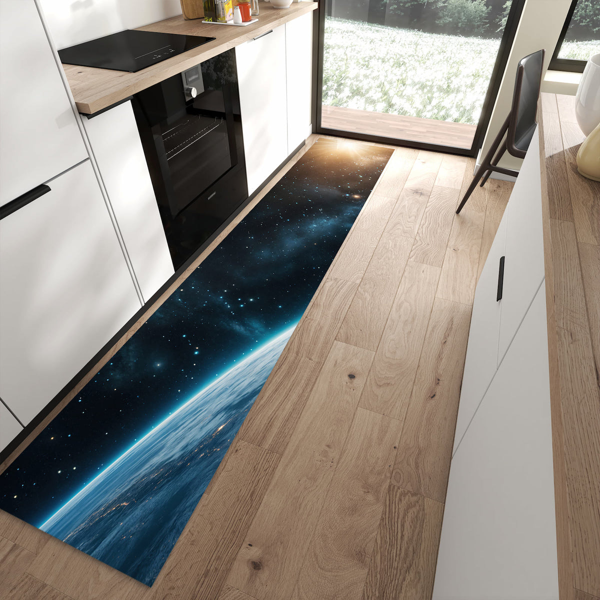 Rutschfester Küchenläufer mit Motiv Planet im Universum in moderner Küche