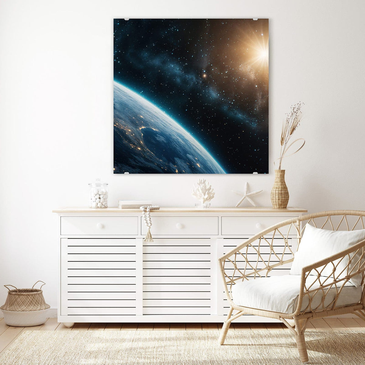 Echtglas, 4 mm – kein Acryl, keine Folie – Wandbild - Erdrand im Sternenlicht - Quadratisch