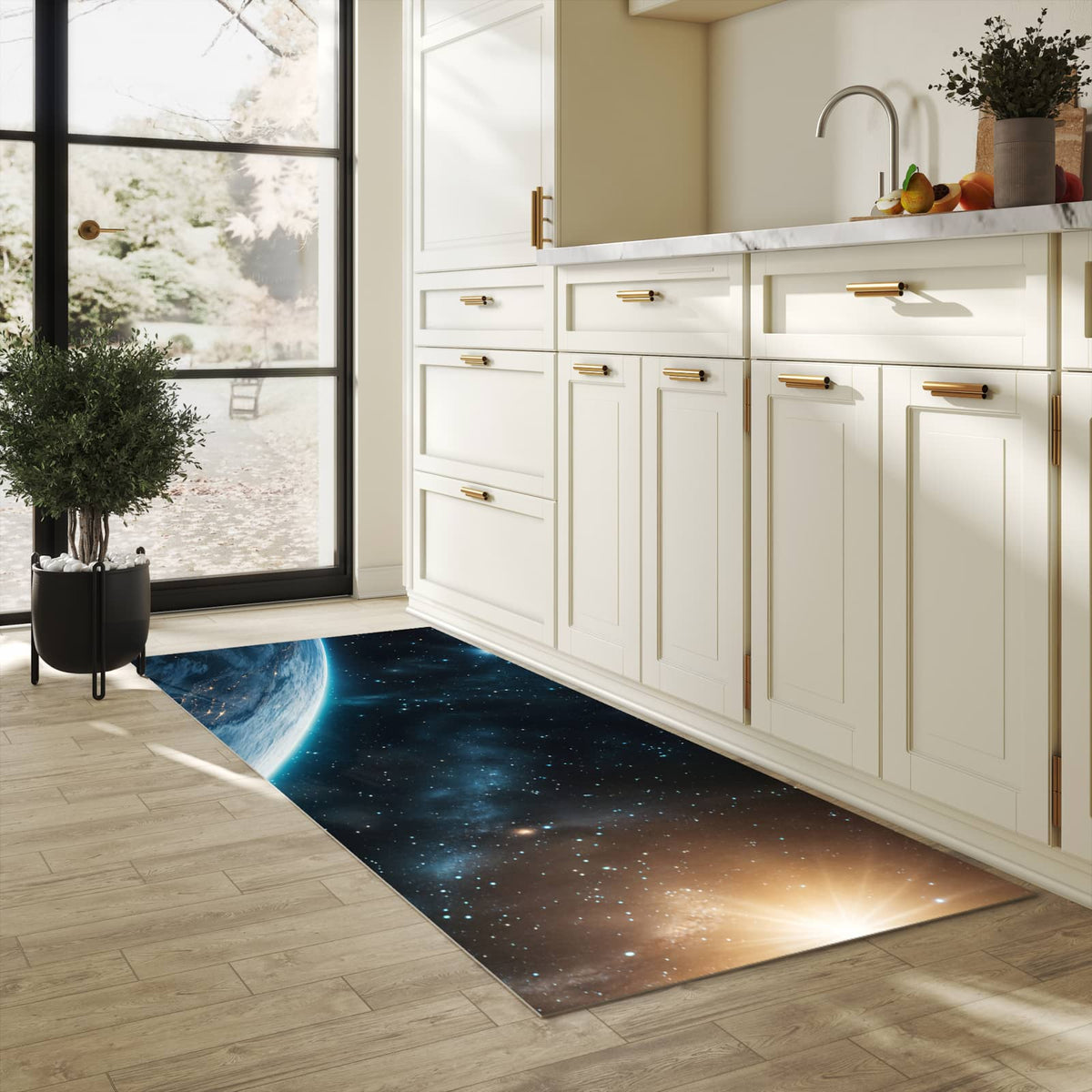 Küchenteppich mit Motiv Planet im Universum für Ordnung in heller Küche