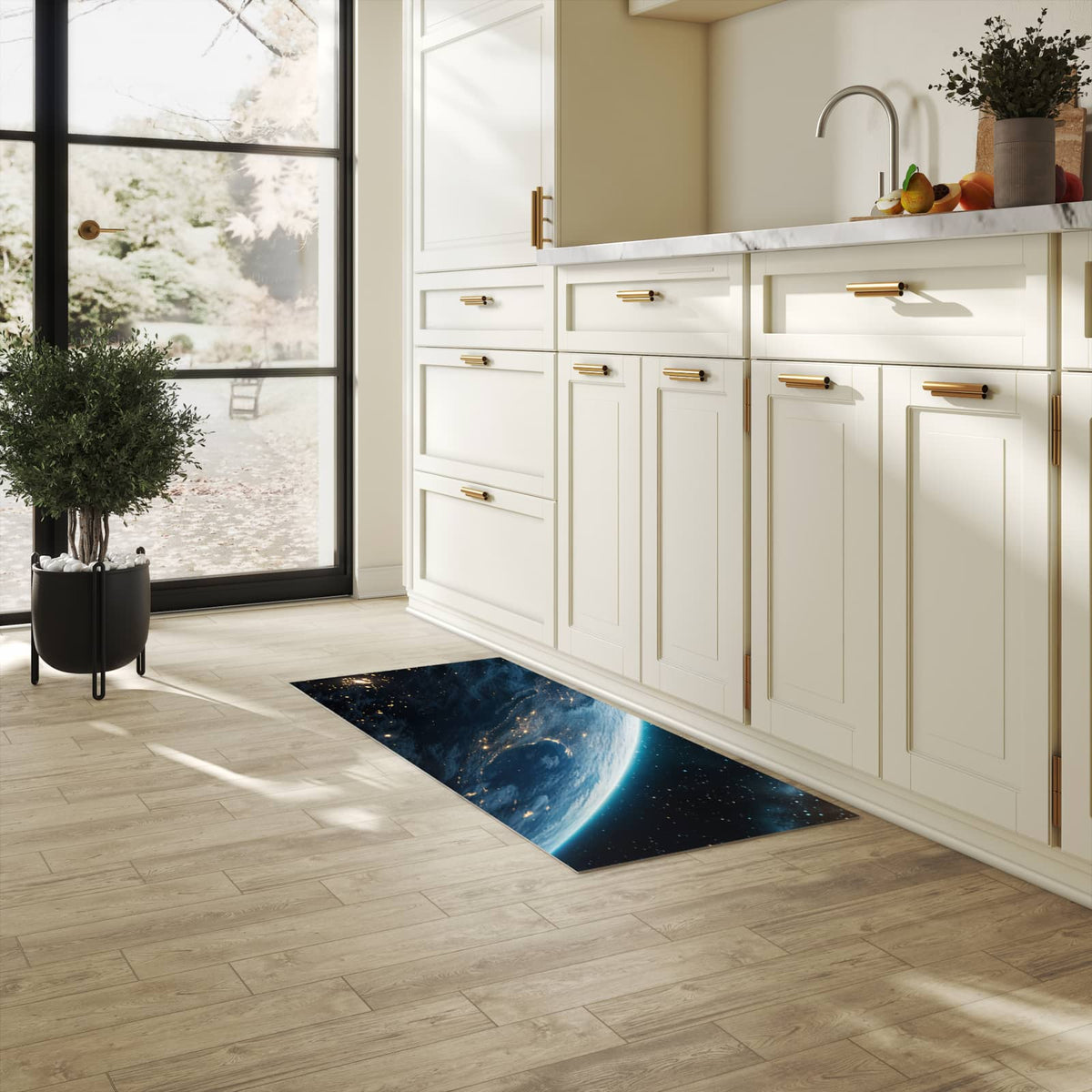 Komfortabler rutschfester Küchenläufer mit Motiv Planet im Universum in heller Küche